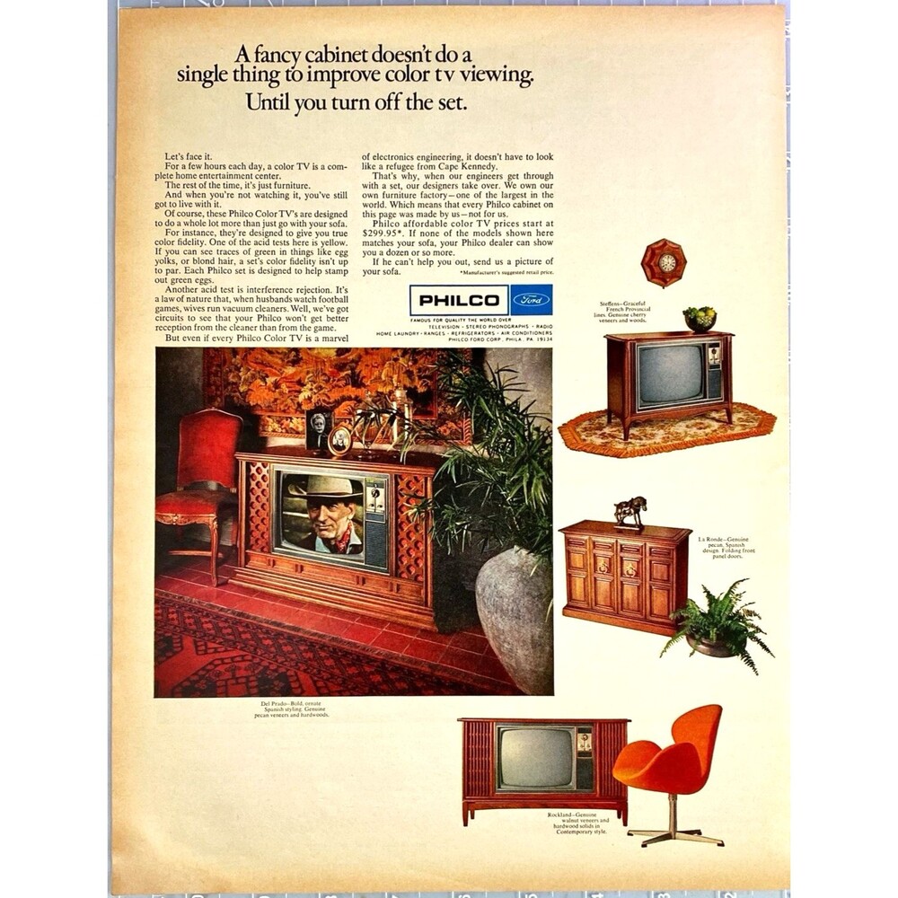 Philco Cabinet Color TV's "Famous for Qality the World Over" Vtg Print Ad 1968